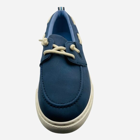 Boys Navy Boat Shoes Slip On Faux Leather Moc Toe Loafers Padded Collar Size 6 - Picture 4 of 7